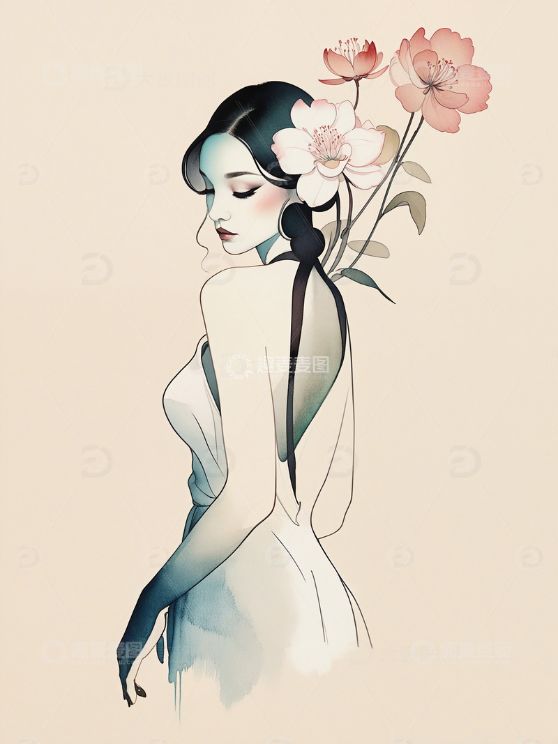 高清大图下载【趣麦麦图】美丽的女性水墨水彩插画5