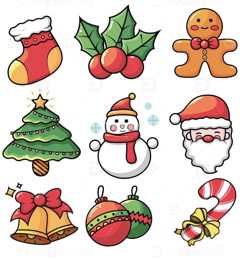 源文件下载【趣麦麦图】圣诞节雪人铃铛圣诞树卡通装饰素材