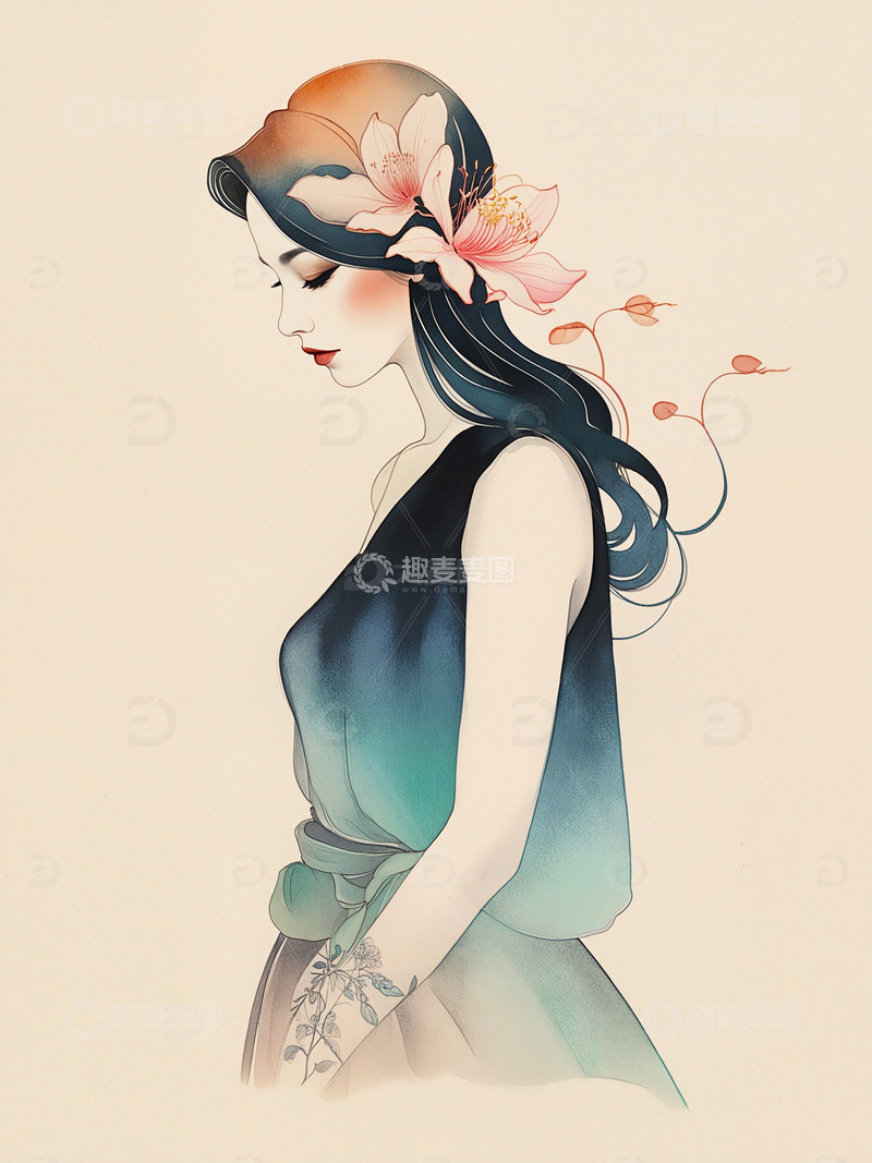高清大图下载【趣麦麦图】美丽的女性水墨水彩插画7