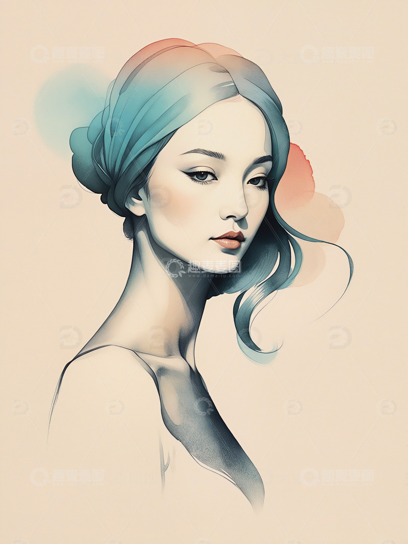 高清大图下载【趣麦麦图】美丽的女性水墨水彩插画13