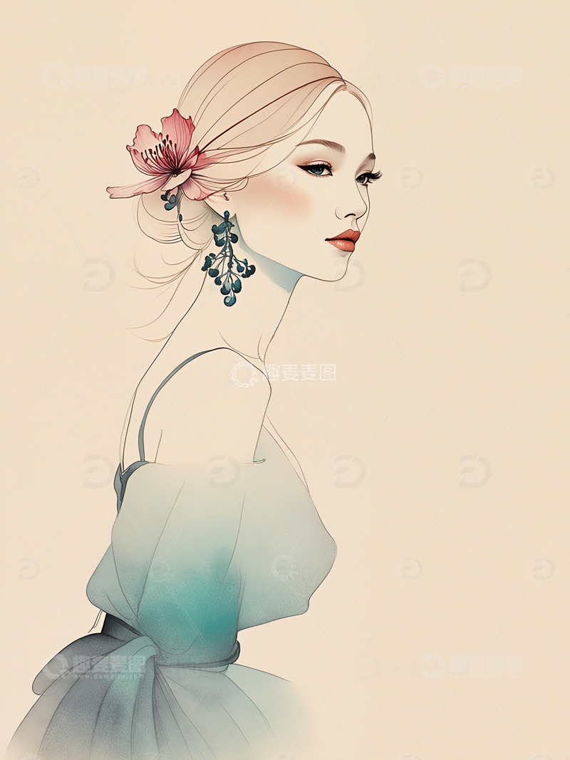 高清大图下载【趣麦麦图】美丽的女性水墨水彩插画1