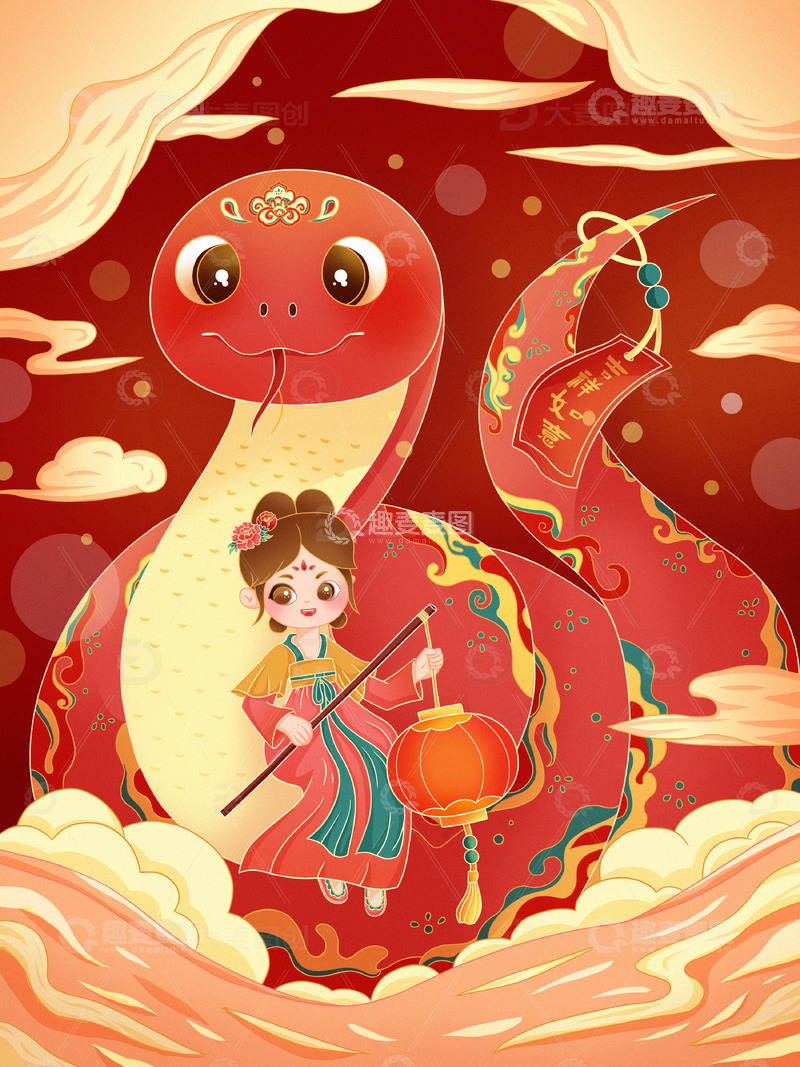 2025年蛇年春节手绘插画