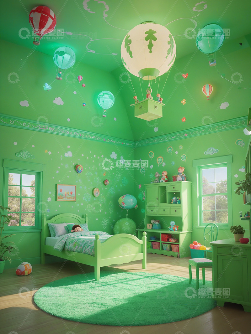 绿色森系主题儿童房设计1