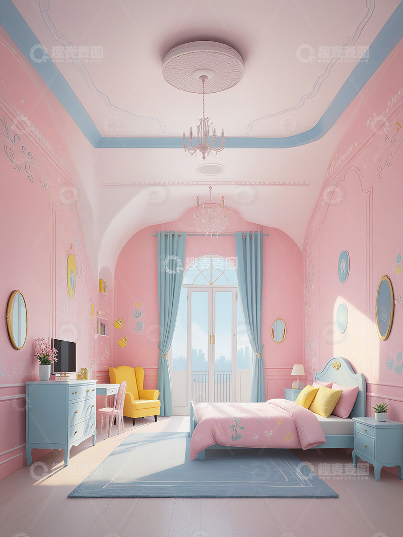 粉色蓝色小女孩卧室设计效果2