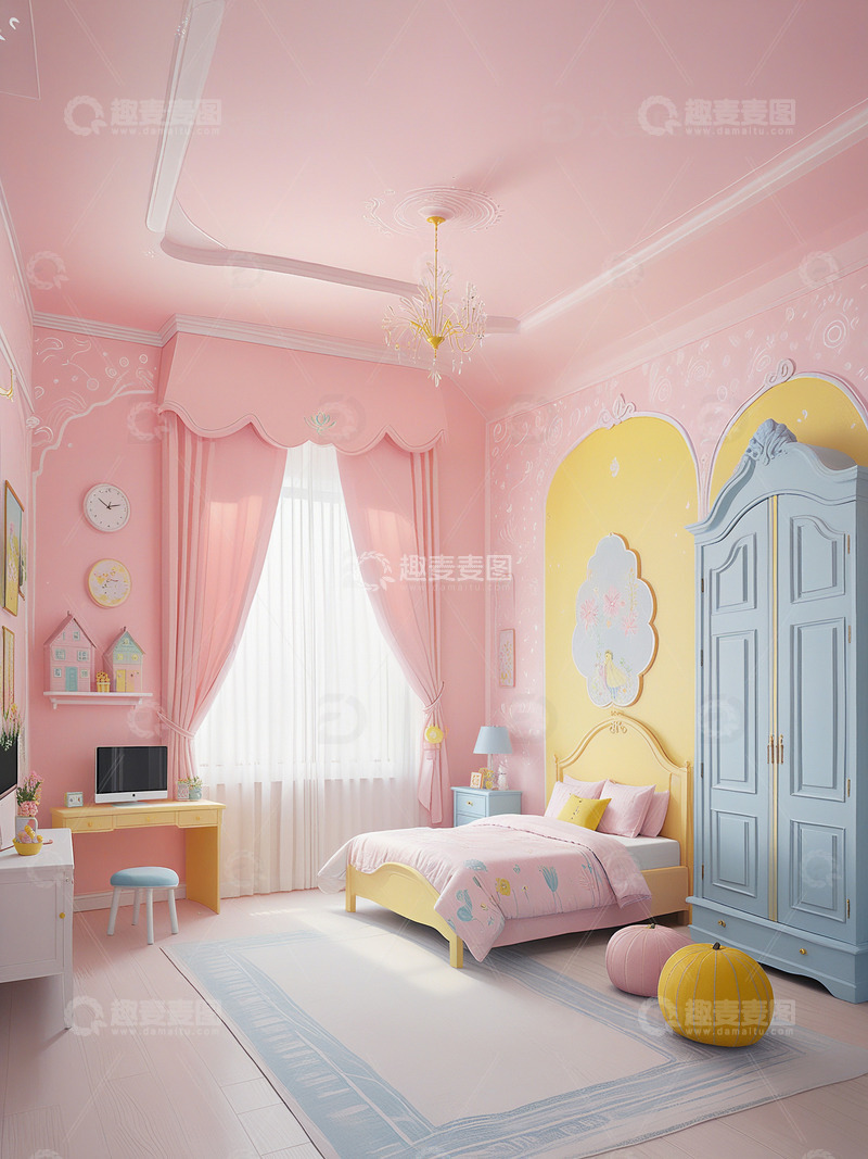 高清大图下载【趣麦麦图】粉色蓝色小女孩卧室设计效果3
