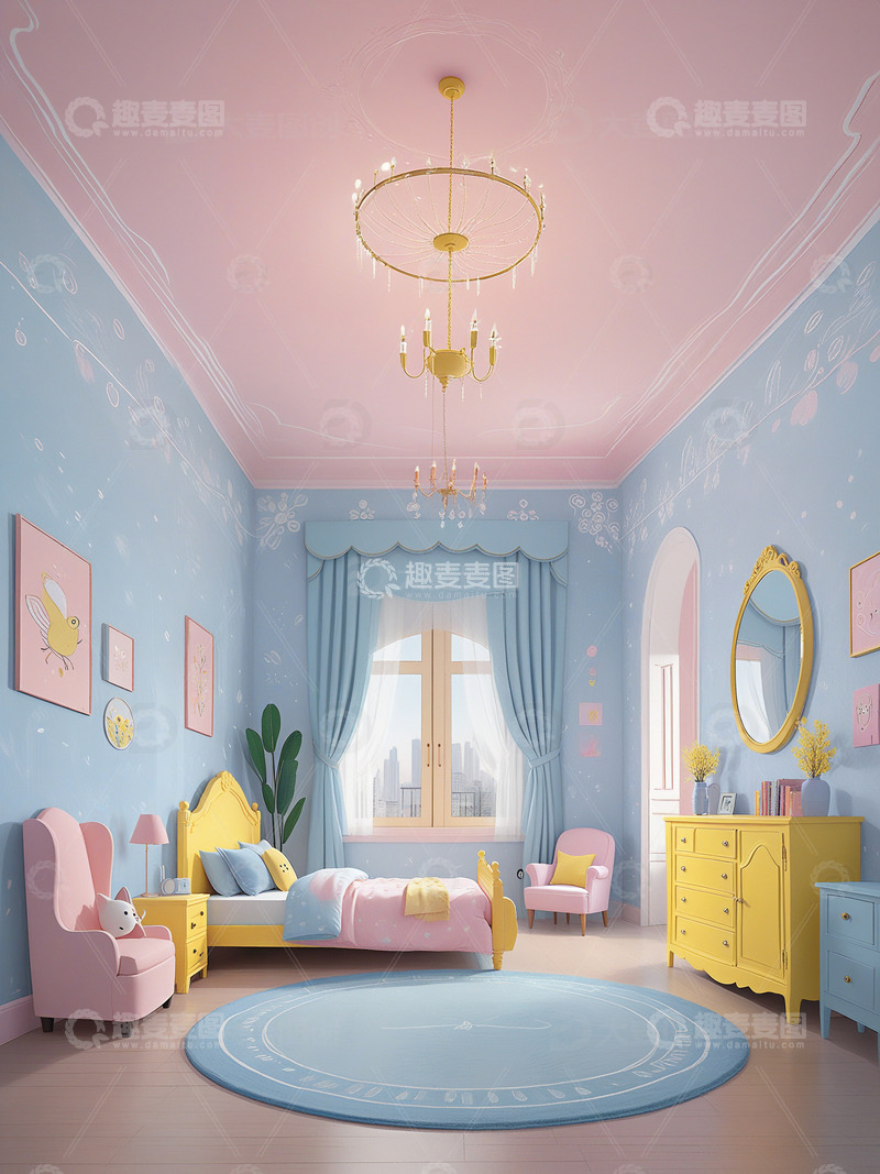 粉色蓝色小女孩卧室设计效果1
