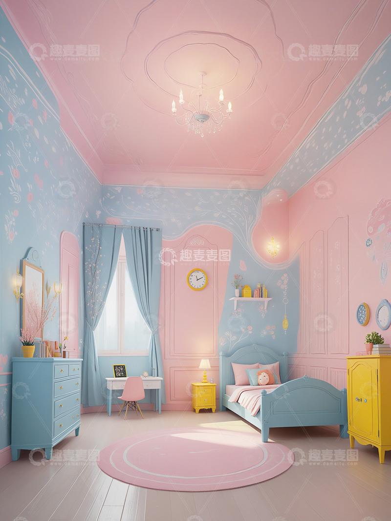 粉色蓝色小女孩卧室设计效果4