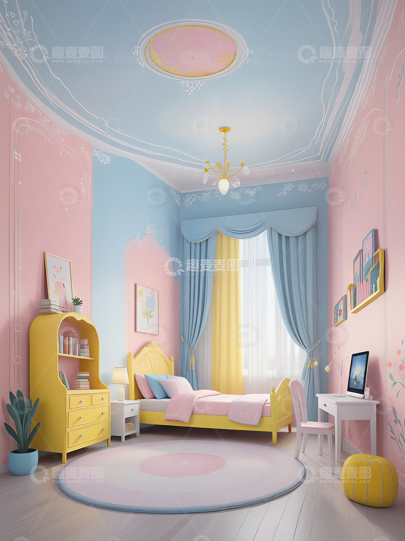粉色蓝色小女孩卧室设计效果