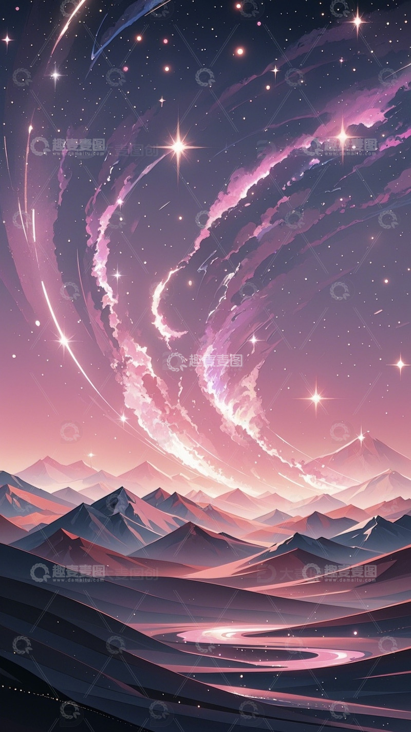 高清大图下载【趣麦麦图】粉色夜空星河插画