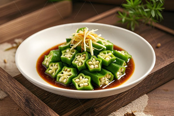 芥末秋葵凉拌菜摄影