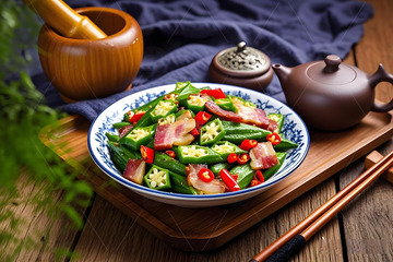 秋葵炒腊肉美食摄影1