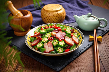 秋葵炒腊肉美食摄影2