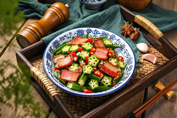 秋葵炒腊肉美食摄影