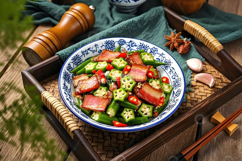 秋葵炒腊肉美食摄影
