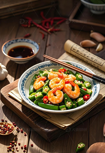 秋葵炒虾仁儿摄影图