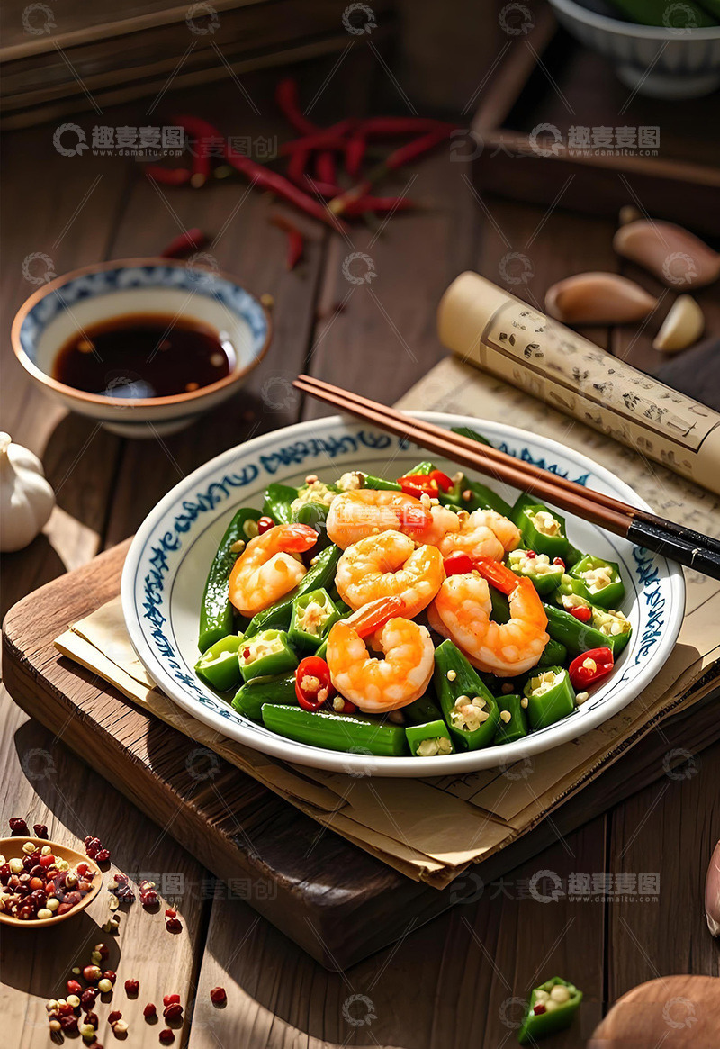 高清大图下载【趣麦麦图】秋葵炒虾仁儿摄影图