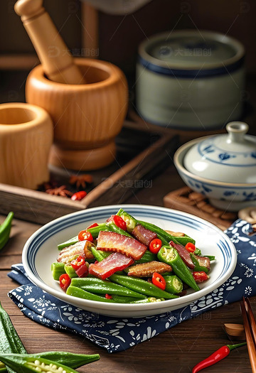 秋葵炒腊肉美食摄影3