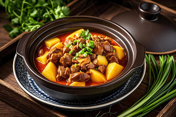 土豆烧牛腩美食摄影图