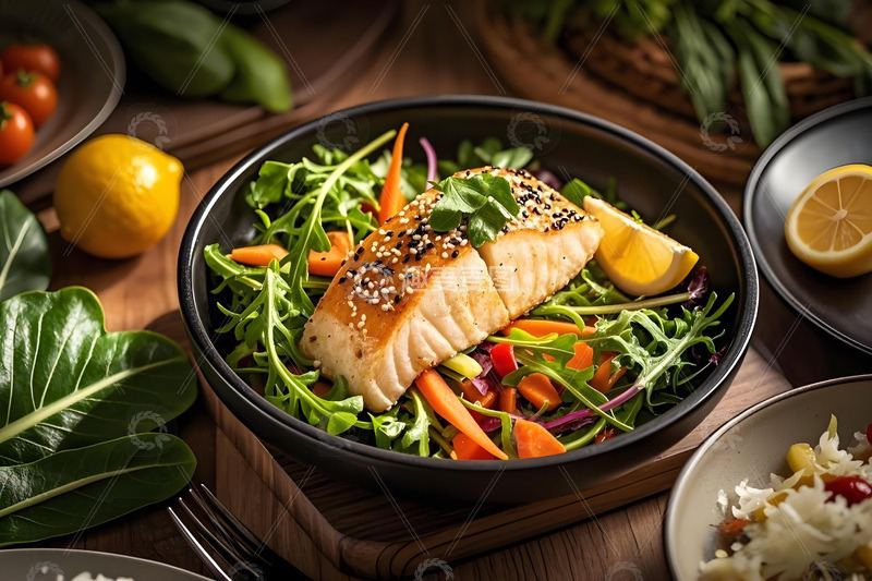高清大图下载【趣麦麦图】鱼肉蔬菜沙拉摄影图