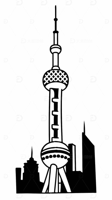 中国上海地标建筑东方明珠建筑线稿图