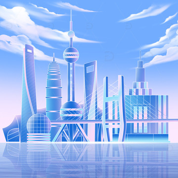 扁平风格上海市地标建筑元素