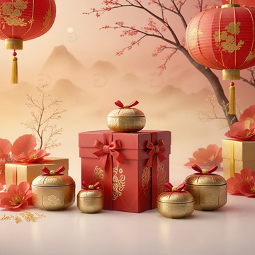 新年礼物红色礼盒节庆装饰场景18