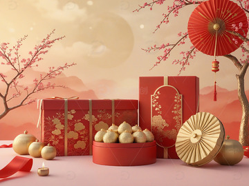 新年礼物红色礼盒节庆装饰场景17