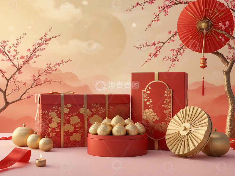 高清大图下载【趣麦麦图】新年礼物红色礼盒节庆装饰场景17