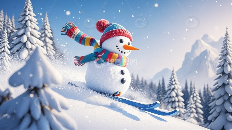 高清大图下载【趣麦麦图】冬季冬天可爱雪人滑雪2