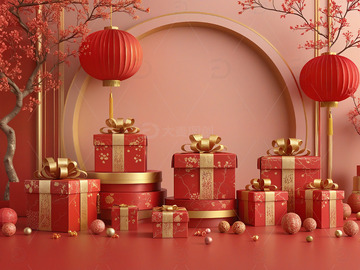 新年礼物红色礼盒节庆装饰场景3