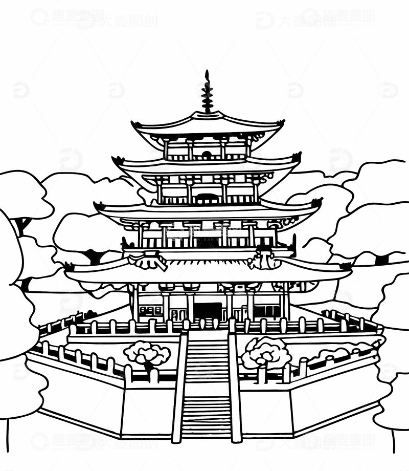 中国江西省南昌市地标性建筑滕王阁线稿图1