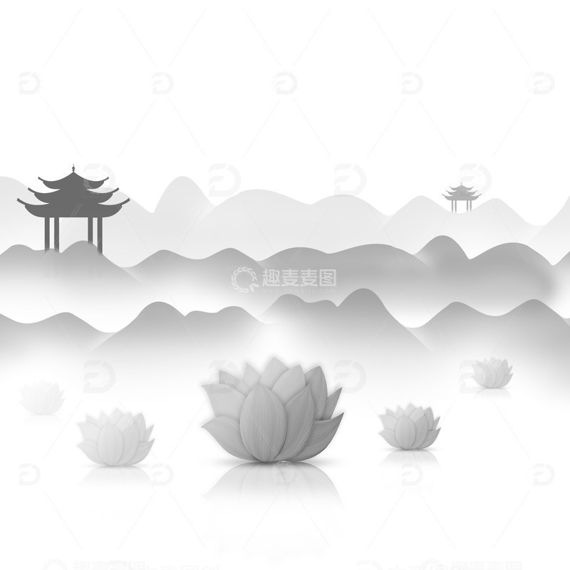 源文件下载【趣麦麦图】黑白渐变莲花凉亭子中国风新中式山水水墨画