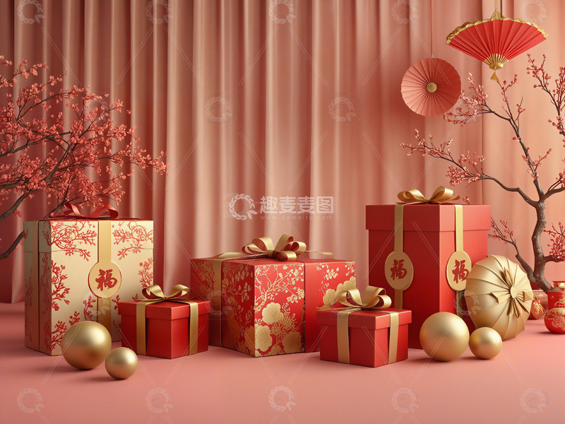 高清大图下载【趣麦麦图】新年礼物红色礼盒节庆装饰场景9