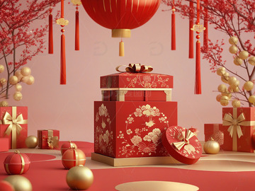 新年礼物红色礼盒节庆装饰场景4