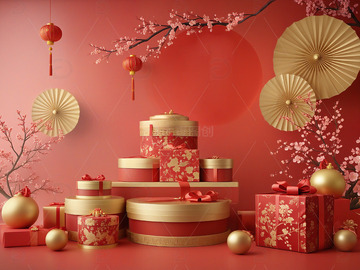 新年礼物红色礼盒节庆装饰场景2
