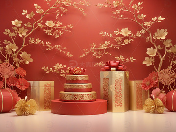 新年礼物红色礼盒节庆装饰场景8