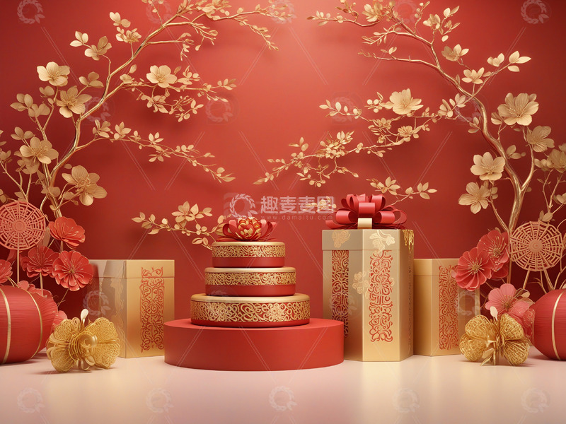 高清大图下载【趣麦麦图】新年礼物红色礼盒节庆装饰场景8