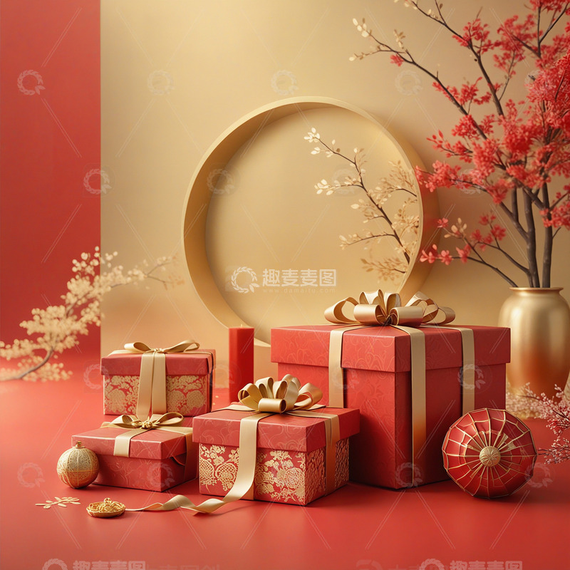高清大图下载【趣麦麦图】新年礼物红色礼盒节庆装饰场景15