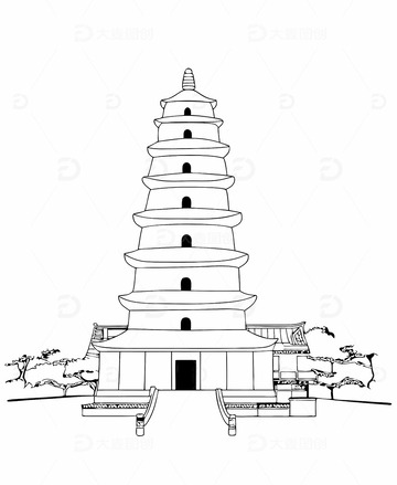 中国陕西西安地标建筑大雁塔古代建筑线稿