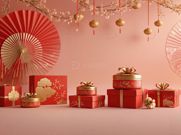 新年礼物红色礼盒节庆装饰场景6