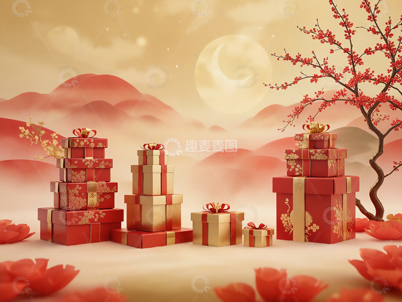 高清大图下载【趣麦麦图】新年礼物红色礼盒节庆装饰场景7