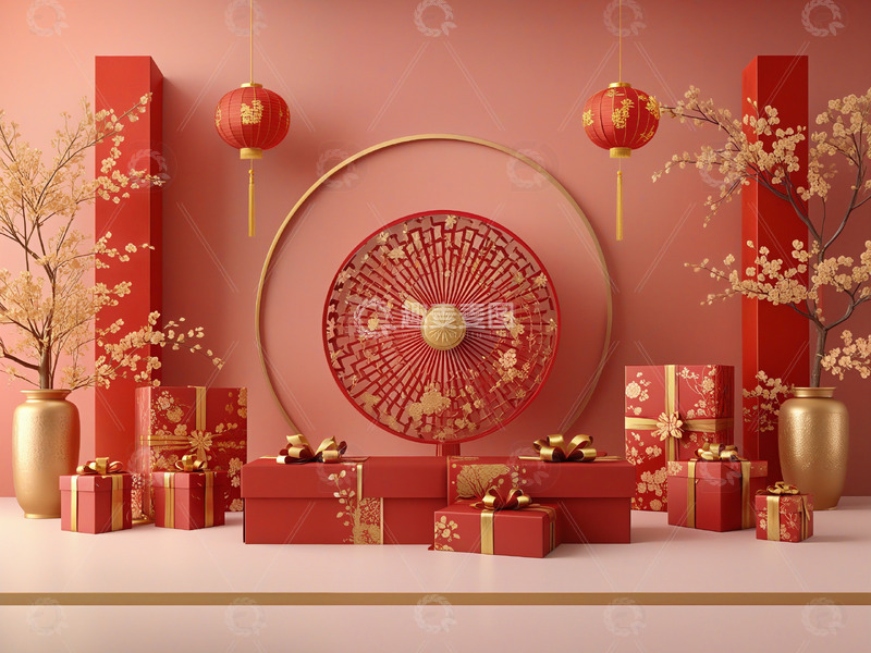高清大图下载【趣麦麦图】新年礼物红色礼盒节庆装饰场景