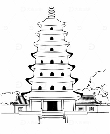 中国陕西西安地标建筑大雁塔古代建筑线稿1