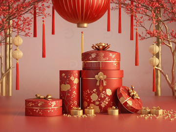 新年礼物红色礼盒节庆装饰场景5