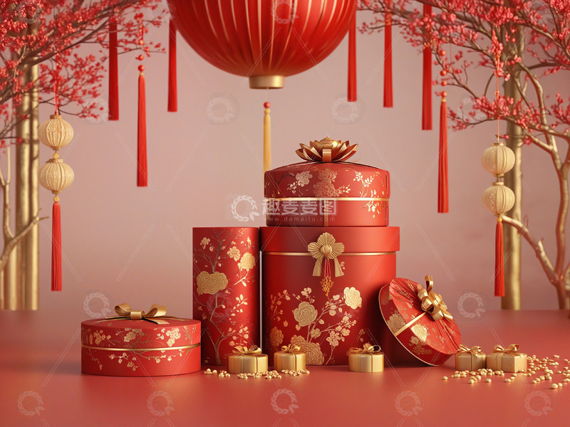 高清大图下载【趣麦麦图】新年礼物红色礼盒节庆装饰场景5