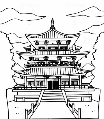 中国江西省南昌市地标性建筑滕王阁线稿图