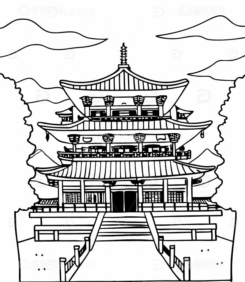 中国江西省南昌市地标性建筑滕王阁线稿图