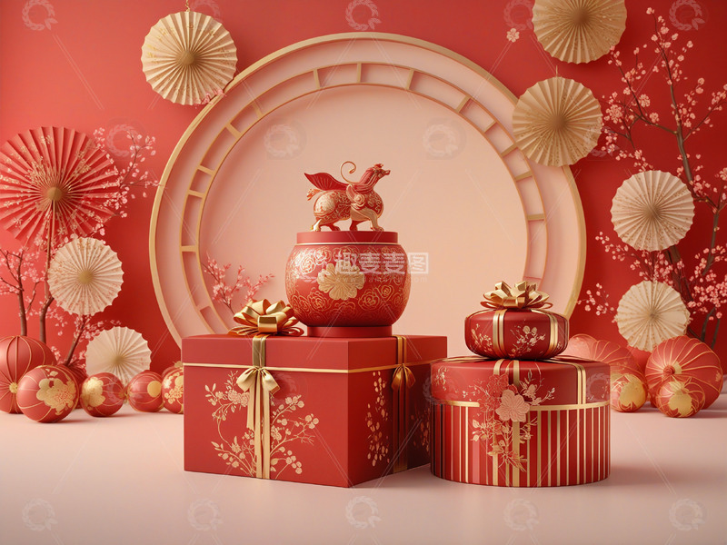 高清大图下载【趣麦麦图】新年礼物红色礼盒节庆装饰场景1