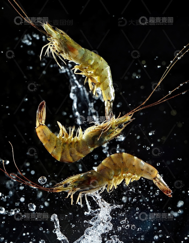 高清大图下载【趣麦麦图】3只基围虾，虾的水中芭蕾