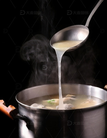 饭店勺子舀一勺大骨汤高汤